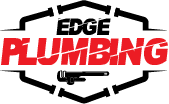 Edge Plumbing LLC logo featuring bold red text with "PLUMBING" prominently displayed, representing a plumbing service provider offering emergency and general plumbing services.