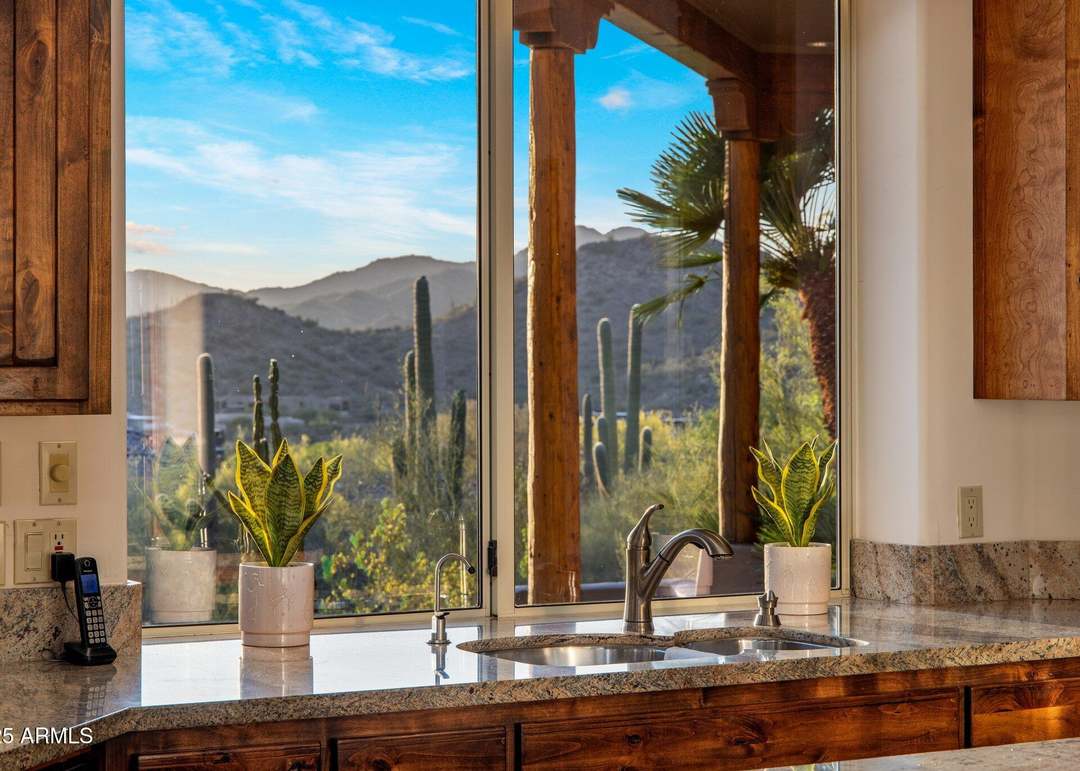 kitchen plumbing Kitchen sink with modern faucet and granite countertop, featuring potted plants and a scenic view of mountains and cacti through large window, highlighting Edge Plumbing's kitchen plumbing services.