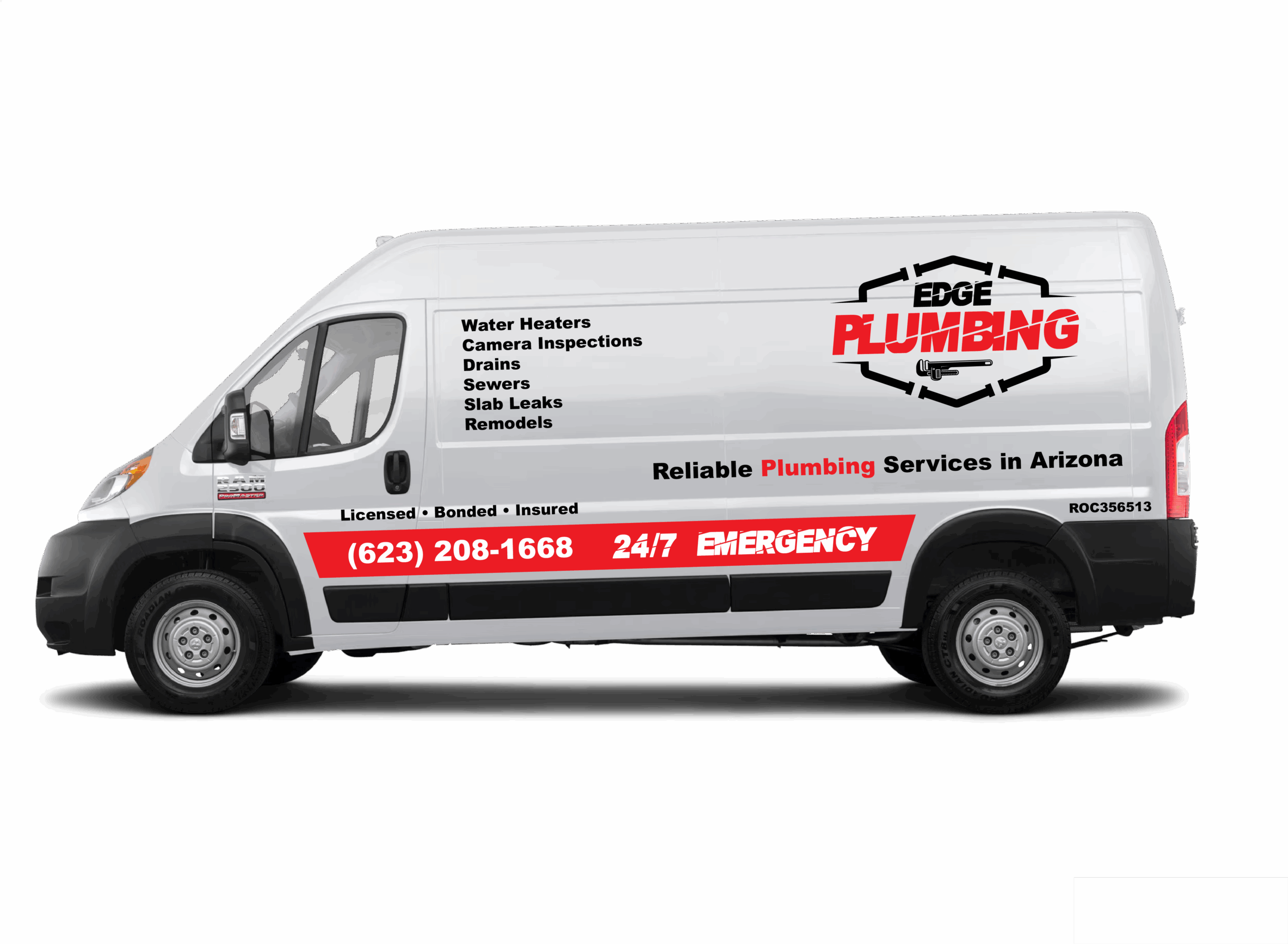 2019 Ram ProMaster cargo van branded with "Edge Plumbing," showcasing plumbing services like water heaters, drains, and emergency assistance, emphasizing reliability and 24/7 availability in Arizona.