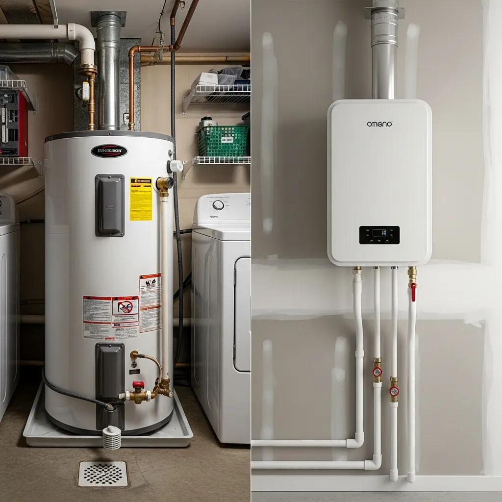 Comparison of traditional tank water heater and tankless water heater in a home setting, highlighting energy efficiency and installation differences relevant to homeowners in Surprise, AZ.