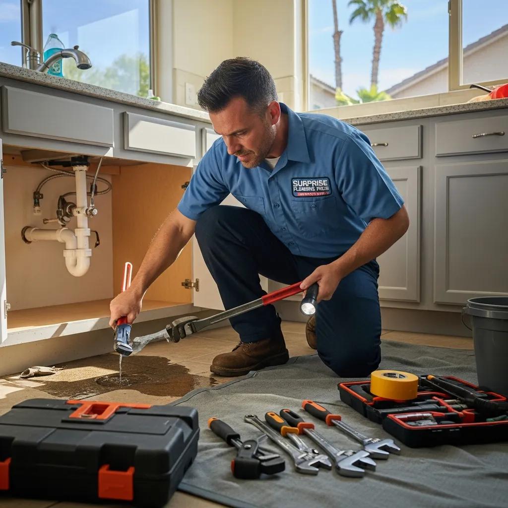 Emergency plumber fixing a plumbing issue under a kitchen sink, showcasing tools and urgency in Surprise, Arizona.