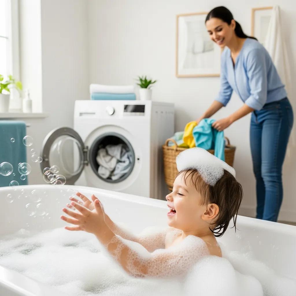 Child playing in a bubble bath, smiling and splashing water, with a woman nearby folding laundry in a well-lit bathroom, highlighting the benefits of softened water for skin and laundry quality.