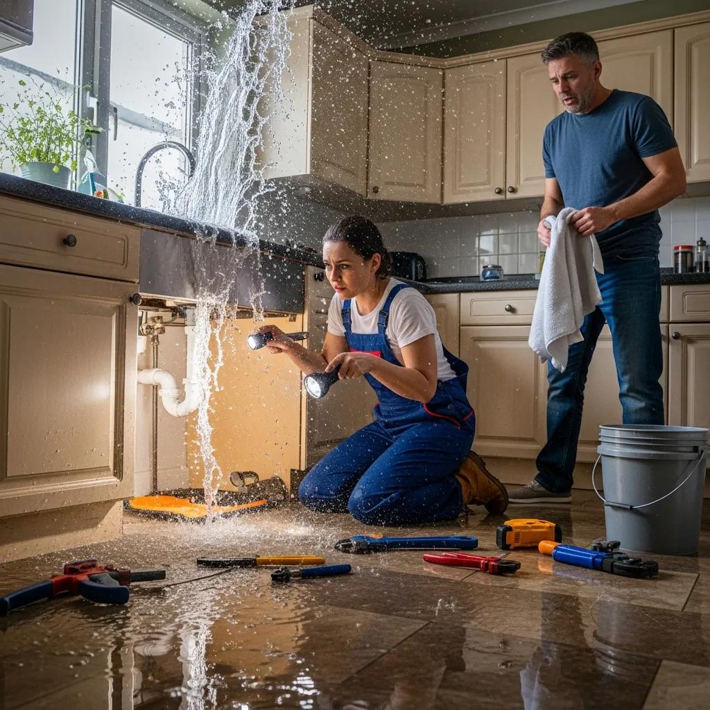 Homeowner observing a burst pipe in the kitchen while a plumber assesses the emergency situation, with water spraying and tools scattered on the floor.