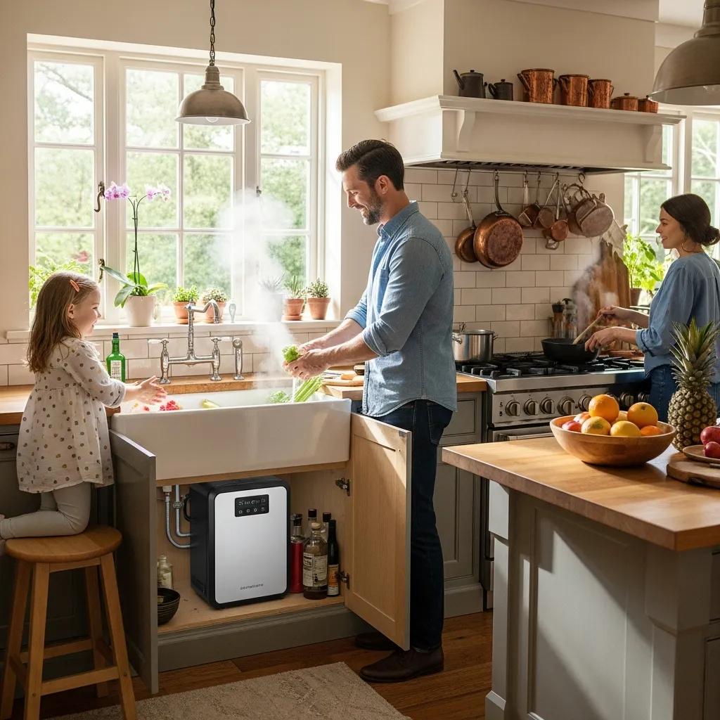 Modern tankless water heater in a cozy kitchen, featuring a family preparing food, emphasizing energy efficiency and convenience for home use.
