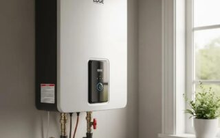 Modern tankless water heater installation in a stylish utility room, featuring sleek design and control panel, relevant for plumbing services in Surprise, AZ.