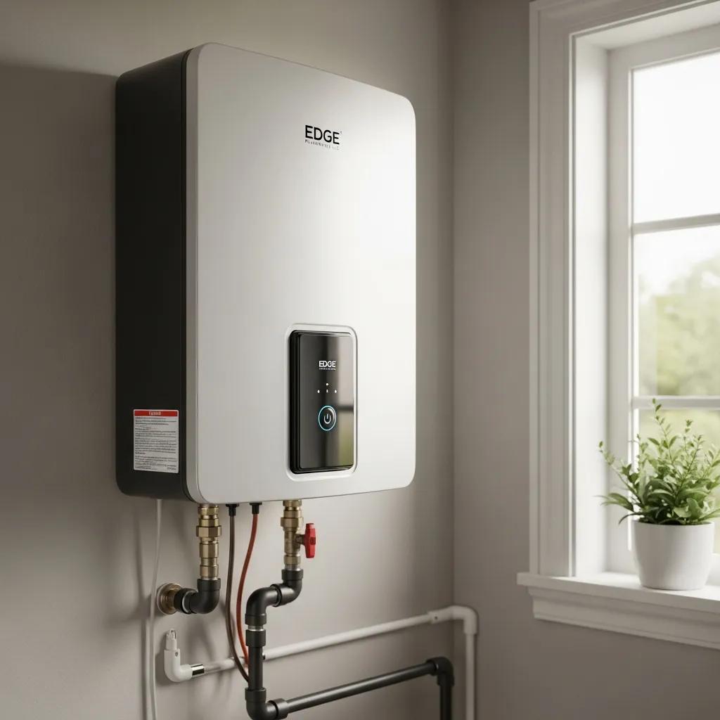 Modern tankless water heater by Edge, installed in a stylish utility room, featuring a sleek design, control panel, and plumbing connections.