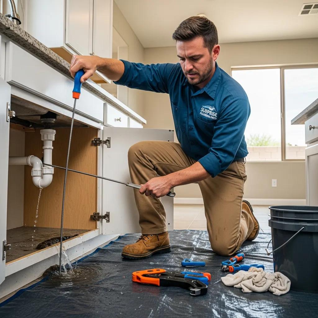 Plumber addressing an emergency drain cleaning situation under a kitchen sink, showcasing professional tools and water flow, emphasizing prompt service in Surprise, AZ.