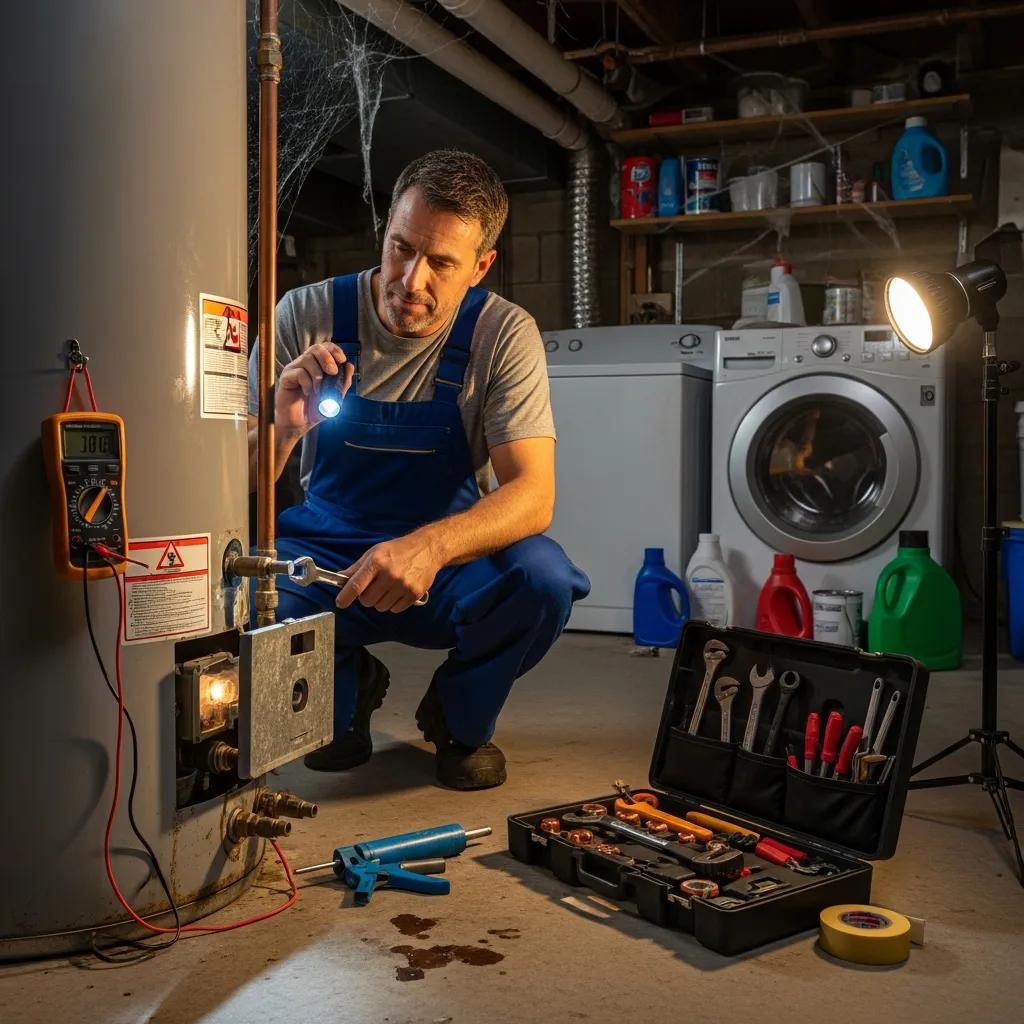 Plumber inspecting a water heater for signs of failure in a residential utility area, using a flashlight and tools, with a toolbox and laundry appliances in the background.