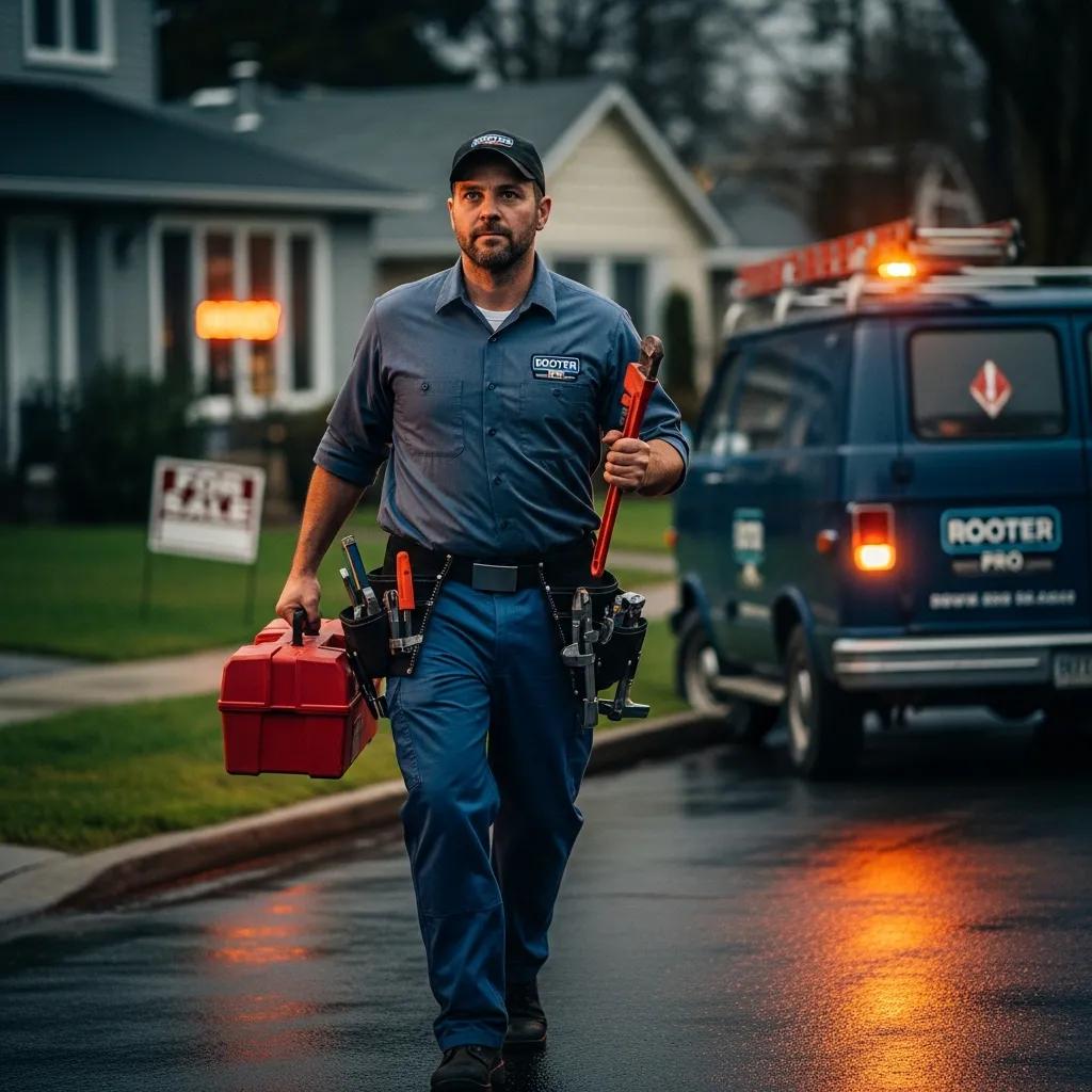 Plumber responding to an emergency plumbing call in a residential area