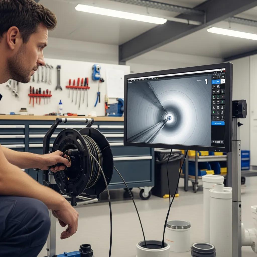 Plumber operating a drain camera for pipe inspection, displaying modern plumbing technology on a monitor in a workshop.