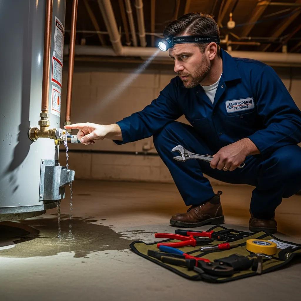 Professional plumber addressing emergency water heater leak, using tools and flashlight in a basement setting, with water pooling on the floor.