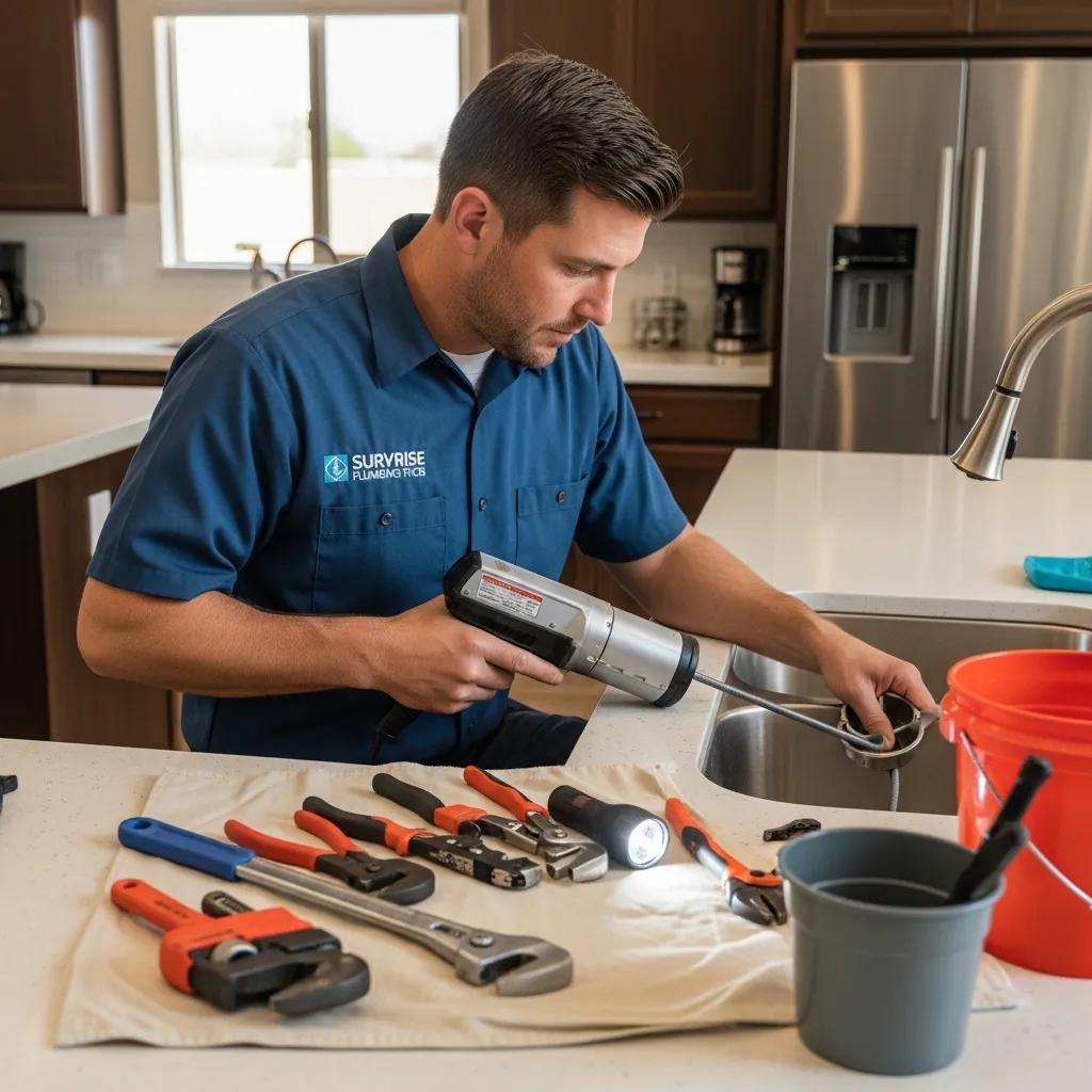 Professional plumber using advanced tools for drain cleaning in a kitchen, surrounded by plumbing equipment and a bucket, showcasing expertise in plumbing services in Surprise, AZ.