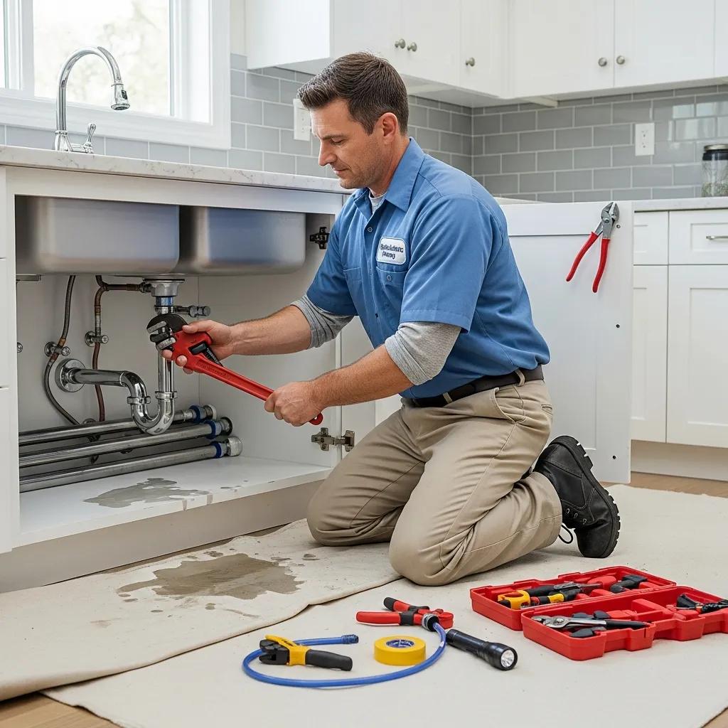 Professional plumber repairing plumbing system in a modern home