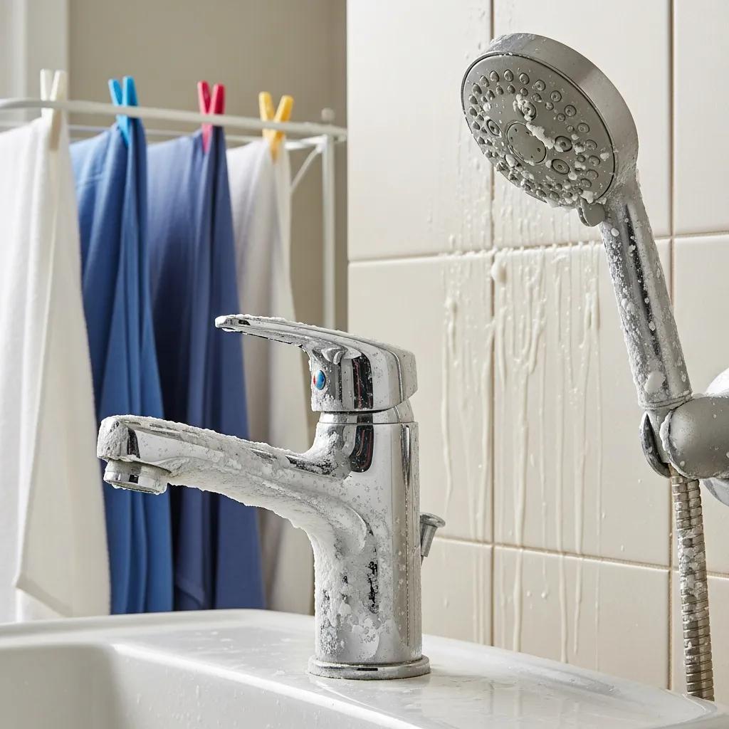 Faucet and showerhead with limescale buildup and soap scum in a bathroom, illustrating signs of hard water issues in Surprise, Arizona.
