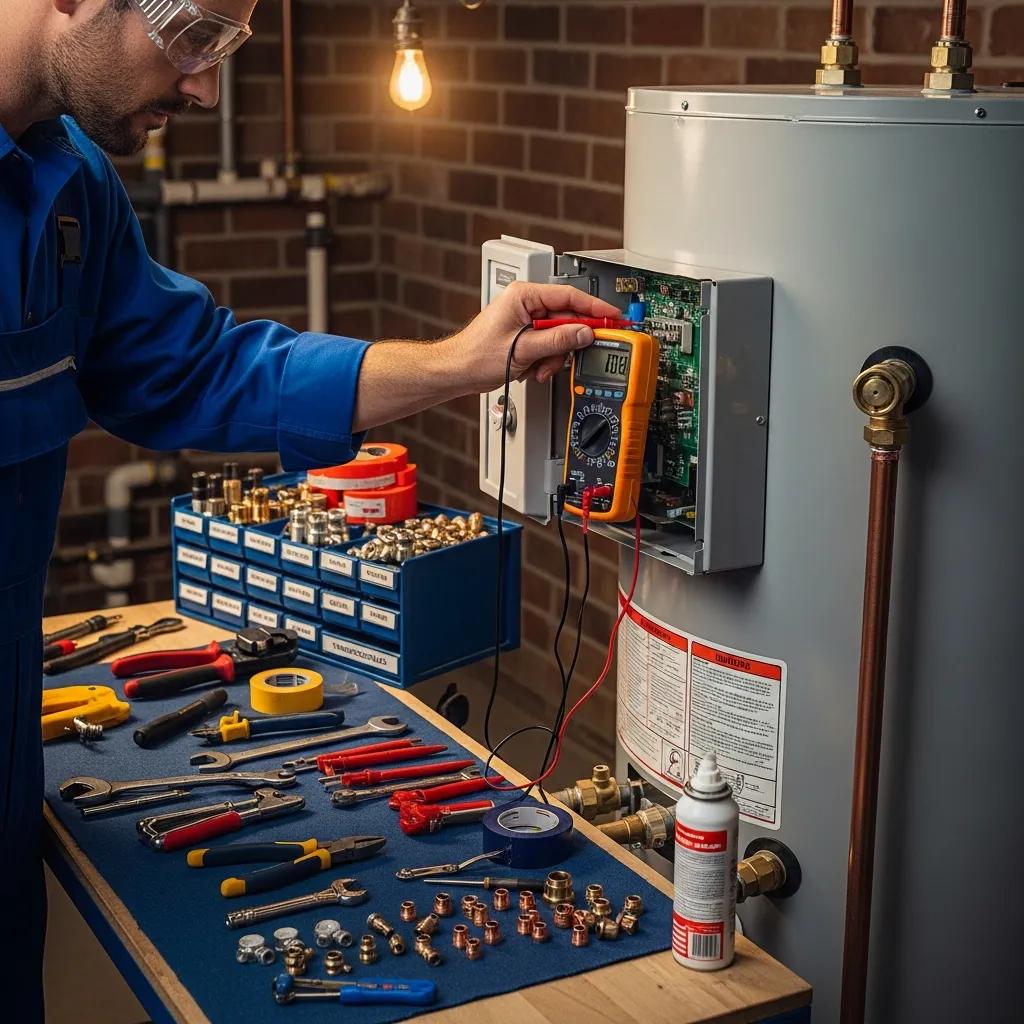 Technician inspecting a water heater in a utility room