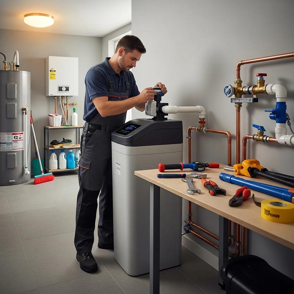 Plumber installing a water softener unit in a home utility room, showcasing plumbing expertise and tools, relevant to water quality improvement in Surprise, Arizona.